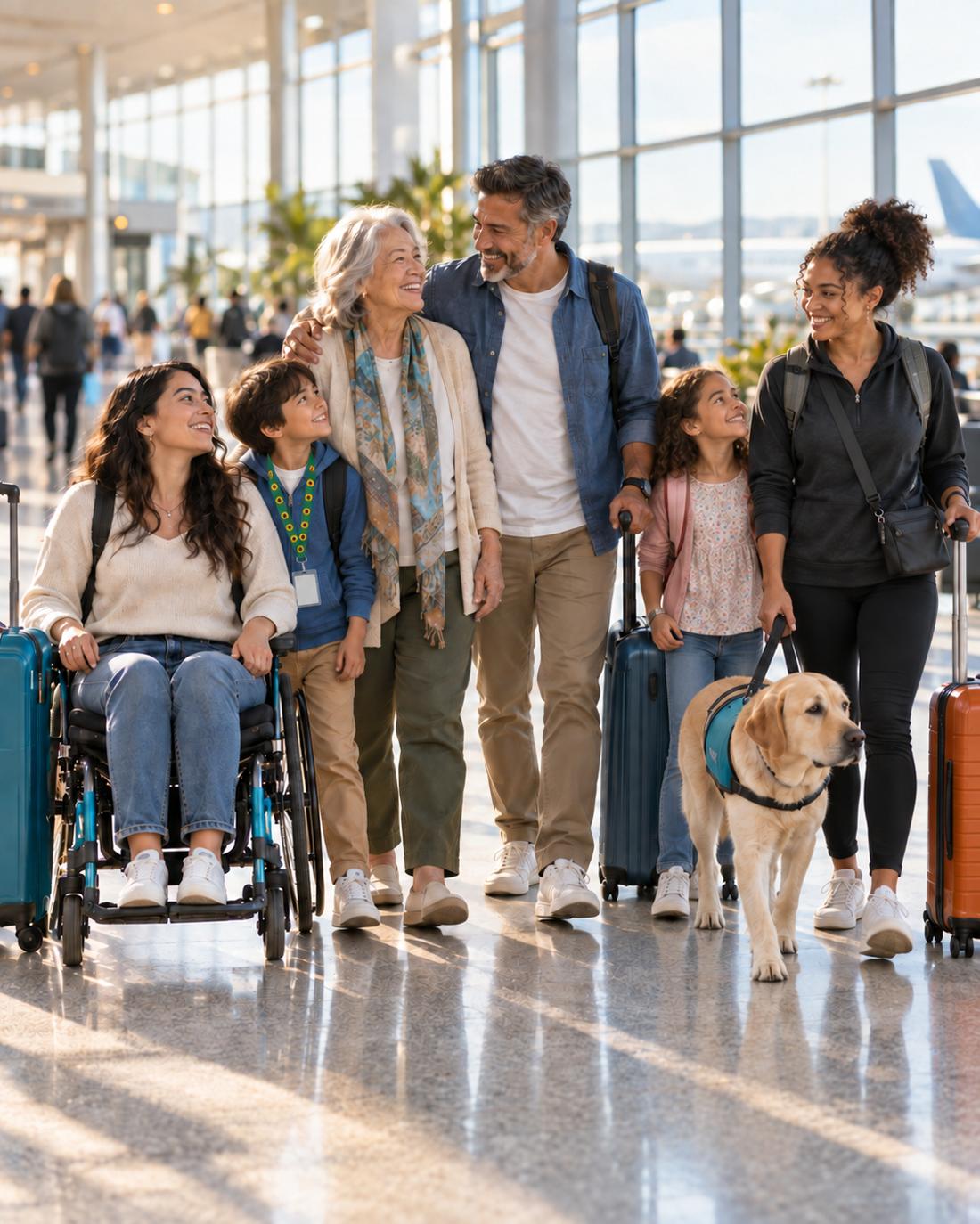 Familia de varias edades caminando feliz por un aeropuerto luminoso: una joven en silla de ruedas, un niño con el cordón de girasol, abuelos, niños y un perro de servicio, listos para viajar