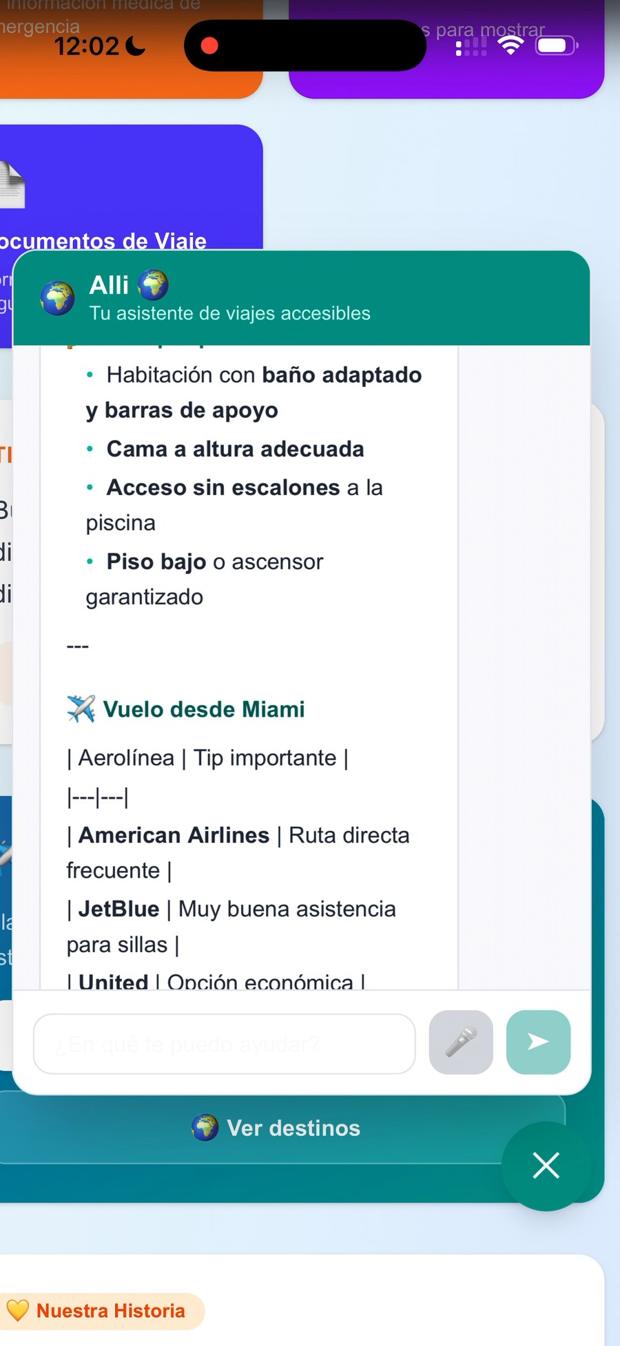Pantalla del app AllGo mostrando a Alli respondiendo sobre un hotel accesible y aerolíneas desde Miami